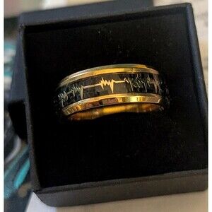 Luxury Carbon Fiber Heartbeat Wedding Band, Stainless Steel Ring US New Sz 10